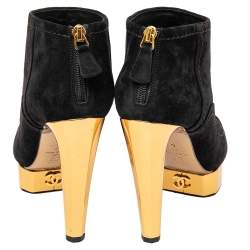 Chanel Black Suede Cap Toe Platform Ankle Booties Size 39