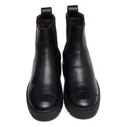 Chanel Black Leather CC Cap Toe Ankle Boots Size 35