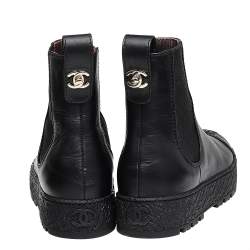 Chanel Black Leather CC Cap Toe Ankle Boots Size 35
