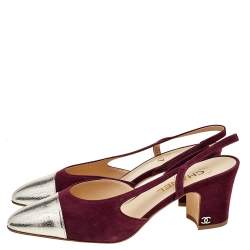 Pre Owned صندل شانيل جلد فضي ميتاليك وسويدي عنابي بحزام للكاحل مقاس 39.5