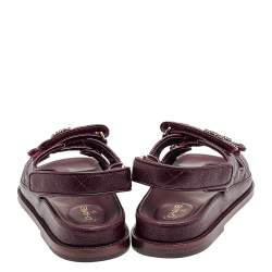 مملوكة مسبقًا Chanel Burgundy Quilted Leather CC Velcro Flat Sandals Size 38