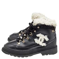Chanel Black Leather And Shearling Lace-Up Ankle Boots Size 36.5