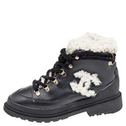 Chanel Black Leather And Shearling Lace-Up Ankle Boots Size 36.5
