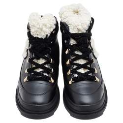 Chanel Black Leather And Shearling Lace-Up Ankle Boots Size 36.5