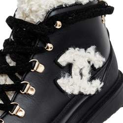 Chanel Black Leather And Shearling Lace-Up Ankle Boots Size 36.5
