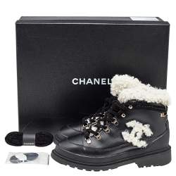 Chanel Black Leather And Shearling Lace-Up Ankle Boots Size 36.5