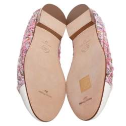 مملوكة مسبقًا Chanel Cream/Pink Tweed And Leather CC Cap Toe Bow Ballet Flats Size 37