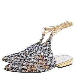 Pre Owned Chanel Black/Grey Sequin And Lace Ankle Wrap Mules Sandals  Size 38.5