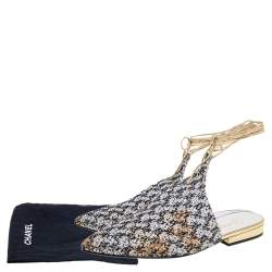 Pre Owned Chanel Black/Grey Sequin And Lace Ankle Wrap Mules Sandals  Size 38.5