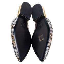 Pre Owned Chanel Black/Grey Sequin And Lace Ankle Wrap Mules Sandals  Size 38.5