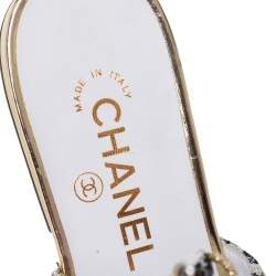 Pre Owned Chanel Black/Grey Sequin And Lace Ankle Wrap Mules Sandals  Size 38.5