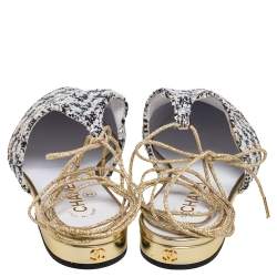 Pre Owned Chanel Black/Grey Sequin And Lace Ankle Wrap Mules Sandals  Size 38.5