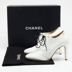 Chanel White Patent Leather CC Lace Up Derby Booties Size 37.5