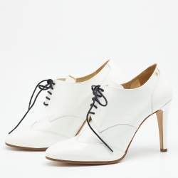 Chanel White Patent Leather CC Lace Up Derby Booties Size 37.5