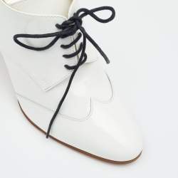 Chanel White Patent Leather CC Lace Up Derby Booties Size 37.5