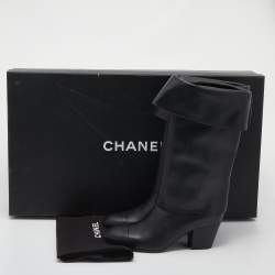 Chanel Black Leather CC Cap Toe Mid Calf Riding Boots Size 40