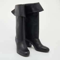 Chanel Black Leather CC Cap Toe Mid Calf Riding Boots Size 40