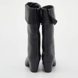 Chanel Black Leather CC Cap Toe Mid Calf Riding Boots Size 40