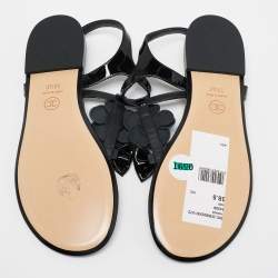 Pre Owned Chanel Black Patent Leather Camellia  Flower Thong Flats Size 38.5