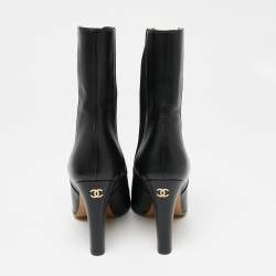 Chanel Black Leather CC Ankle Length Boots Size 38