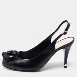 Chanel Black Leather Camellia Slingback Sandals Size 38