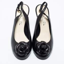 Chanel Black Leather Camellia Slingback Sandals Size 38