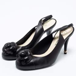 Chanel Black Leather Camellia Slingback Sandals Size 38