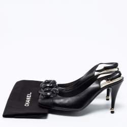 Chanel Black Leather Camellia Slingback Sandals Size 38