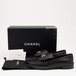 Pre Owned Chanel Black Quilted Leather CC Turnlock Loafers Size 37