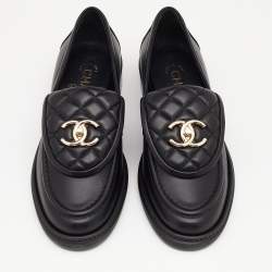 Pre Owned Chanel Black Quilted Leather CC Turnlock Loafers Size 37