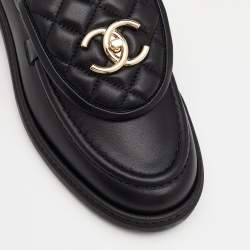 Pre Owned Chanel Black Quilted Leather CC Turnlock Loafers Size 37