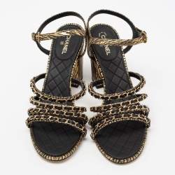 Pre Owned Chanel Black Leather Chain Strappy Ankle Strap Sandals Size 42