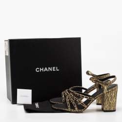 Pre Owned Chanel Black Leather Chain Strappy Ankle Strap Sandals Size 42