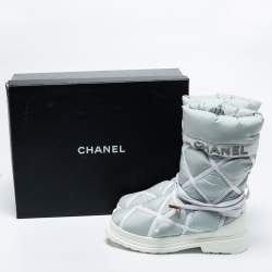 Chanel Light Grey/White Nylon And Leather Snow Boots Size 38.5