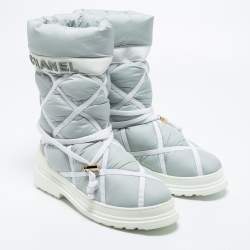 Chanel Light Grey/White Nylon And Leather Snow Boots Size 38.5