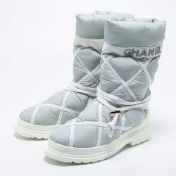 Chanel Light Grey/White Nylon And Leather Snow Boots Size 38.5 Chanel