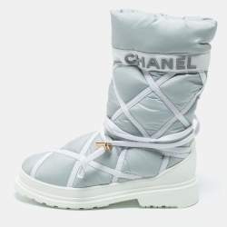 Chanel Light Grey/White Nylon And Leather Snow Boots Size 38.5