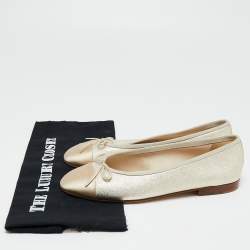 Pre Owned Chanel Light Gold Textured Leather and Satin CC Cap Toe Bow Ballet Flats Size 39