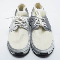 Chanel White/Grey Stretch Fabric and Corduroy CC Sneakers Size 40.5