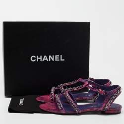 Pre Owned Chanel Purple/Pink Python Chain Detail Strappy Flat Sandals Size 39.5