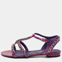 Pre Owned Chanel Purple/Pink Python Chain Detail Strappy Flat Sandals Size 39.5