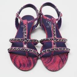 Pre Owned Chanel Purple/Pink Python Chain Detail Strappy Flat Sandals Size 39.5
