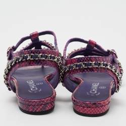 Pre Owned Chanel Purple/Pink Python Chain Detail Strappy Flat Sandals Size 39.5