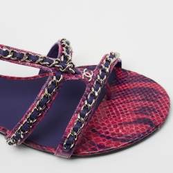 Pre Owned Chanel Purple/Pink Python Chain Detail Strappy Flat Sandals Size 39.5
