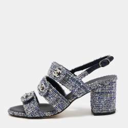 Pre Owned Chanel Blue/White Tweed and Leather CC Turn Lock Strappy Slingback Sandals Size 38.5