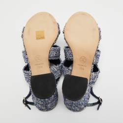 Pre Owned Chanel Blue/White Tweed and Leather CC Turn Lock Strappy Slingback Sandals Size 38.5