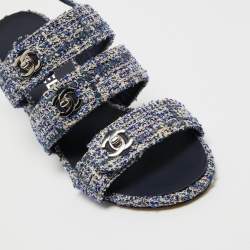 Pre Owned Chanel Blue/White Tweed and Leather CC Turn Lock Strappy Slingback Sandals Size 38.5