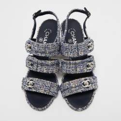 Pre Owned Chanel Blue/White Tweed and Leather CC Turn Lock Strappy Slingback Sandals Size 38.5