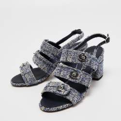 Pre Owned Chanel Blue/White Tweed and Leather CC Turn Lock Strappy Slingback Sandals Size 38.5