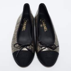 مملوكة مسبقًا Chanel Metallic Bronze/Black Leather and Canvas Ballet Flats Size 37.5
